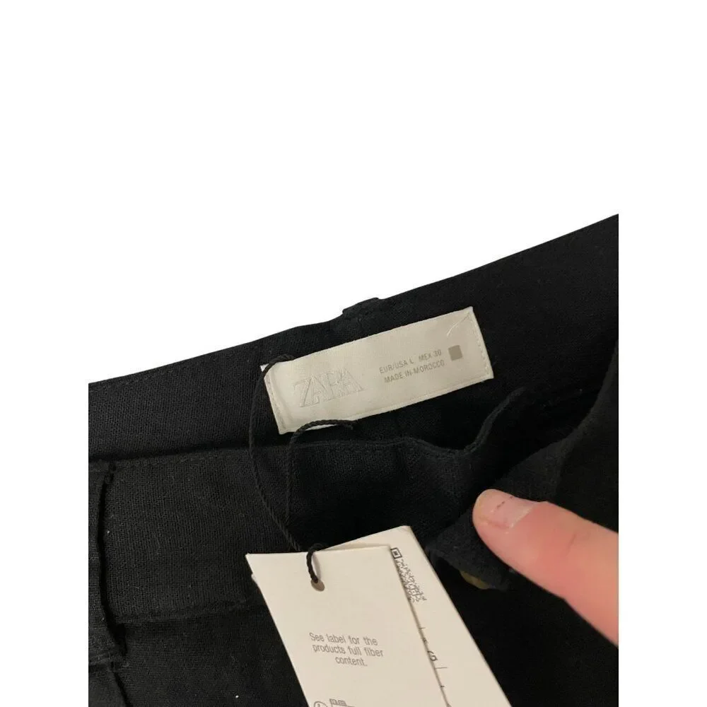 Zara Women Cropped Trouser Pants Large Black Wide Leg Viscose Linen 2845/722 NWT - Picture 4 of 14